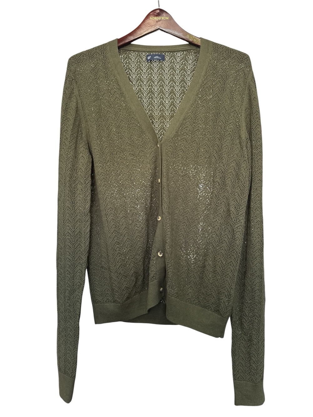GAP Olive Openwork V-Neck Button Cardigan